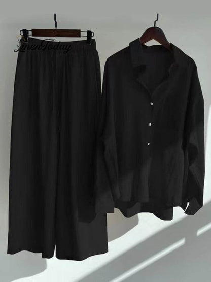 Solid Color Loose Elegant High Waist Casual Cotton and Linen Suit