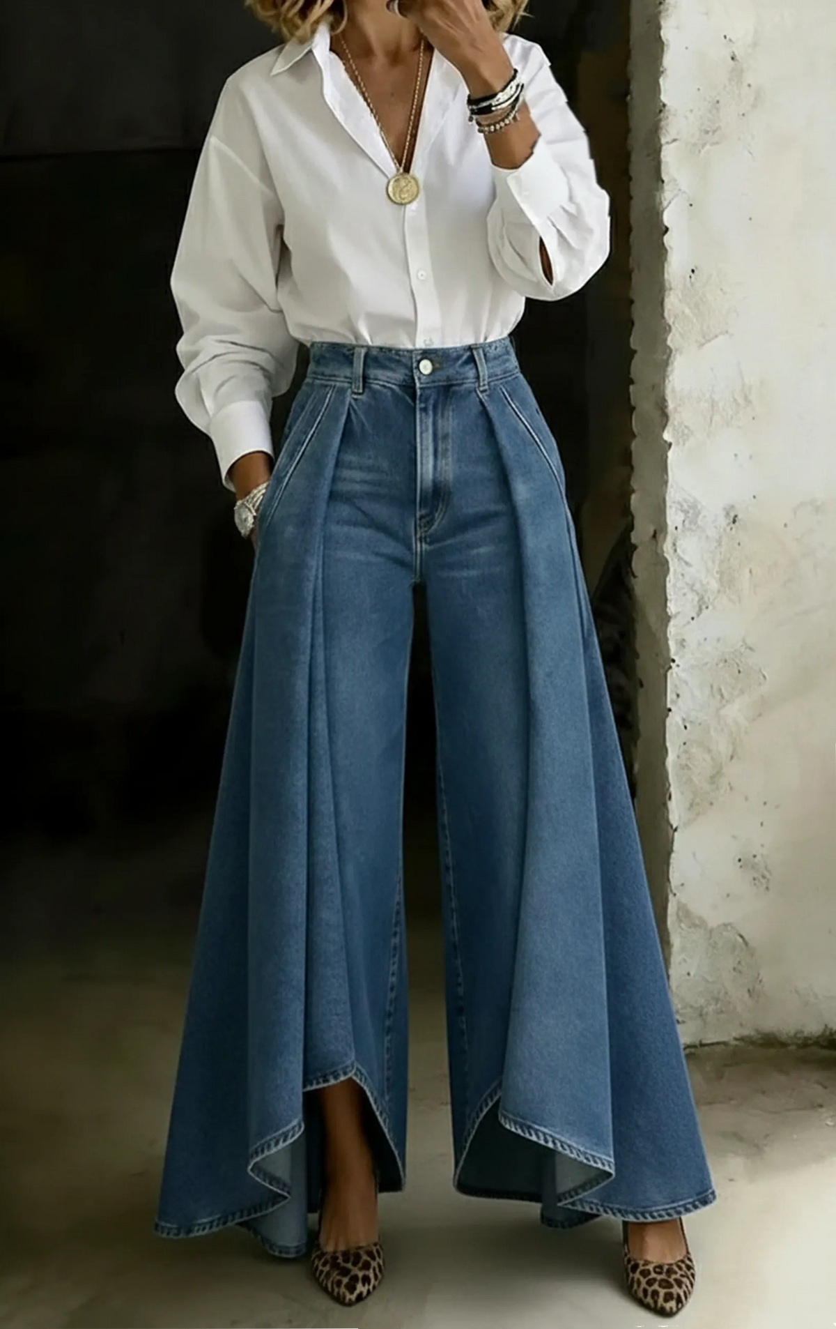 Fashion Design High-Waisted Casual Loose-Fitting Wide-Leg Jeans