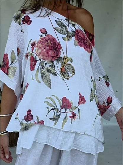Loose and Cozy Floral Print Linen and Cotton Top