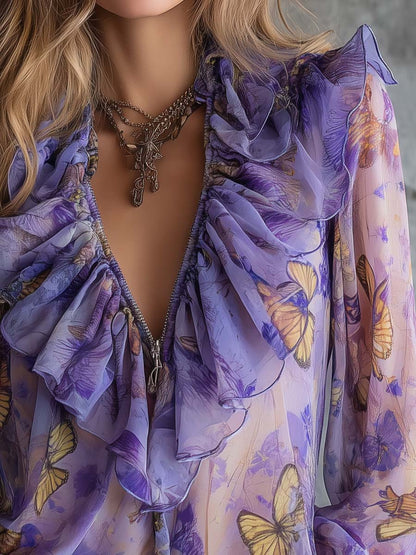 Purple Butterfly Print Sheer Ruffle Blouse with Plunge Neck