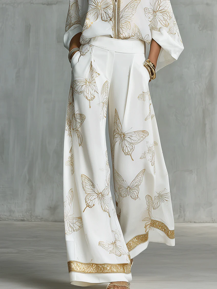 Casual Elegant Gold Butterfly Print Loose Two-Piece Set