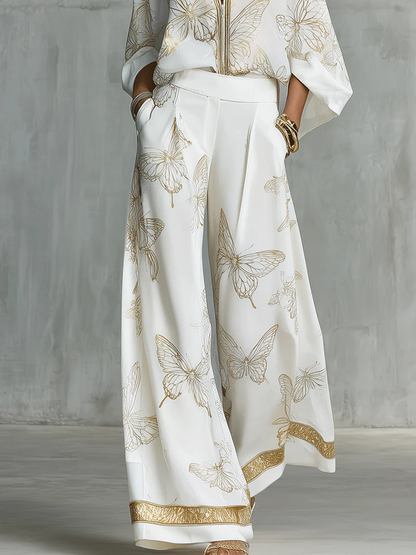 Casual Elegant Gold Butterfly Print Loose Two-Piece Set
