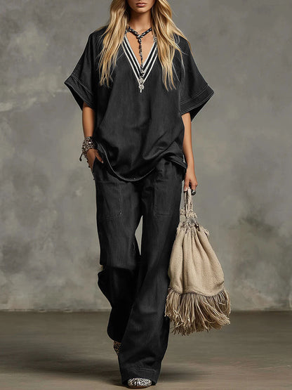 V-Neck Short-Sleeved Casual Loose Top and High-Waisted Casual Loose Wide-Leg Denim Pants Set