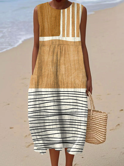 Vintage Abstract Geometry Art Print Sleeveless Cotton Pocket Wrap Dress