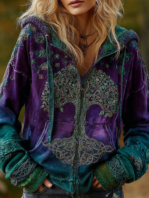 Vintage Viking Tree of Life Cozy Warm Zip Hoodie Cardigan