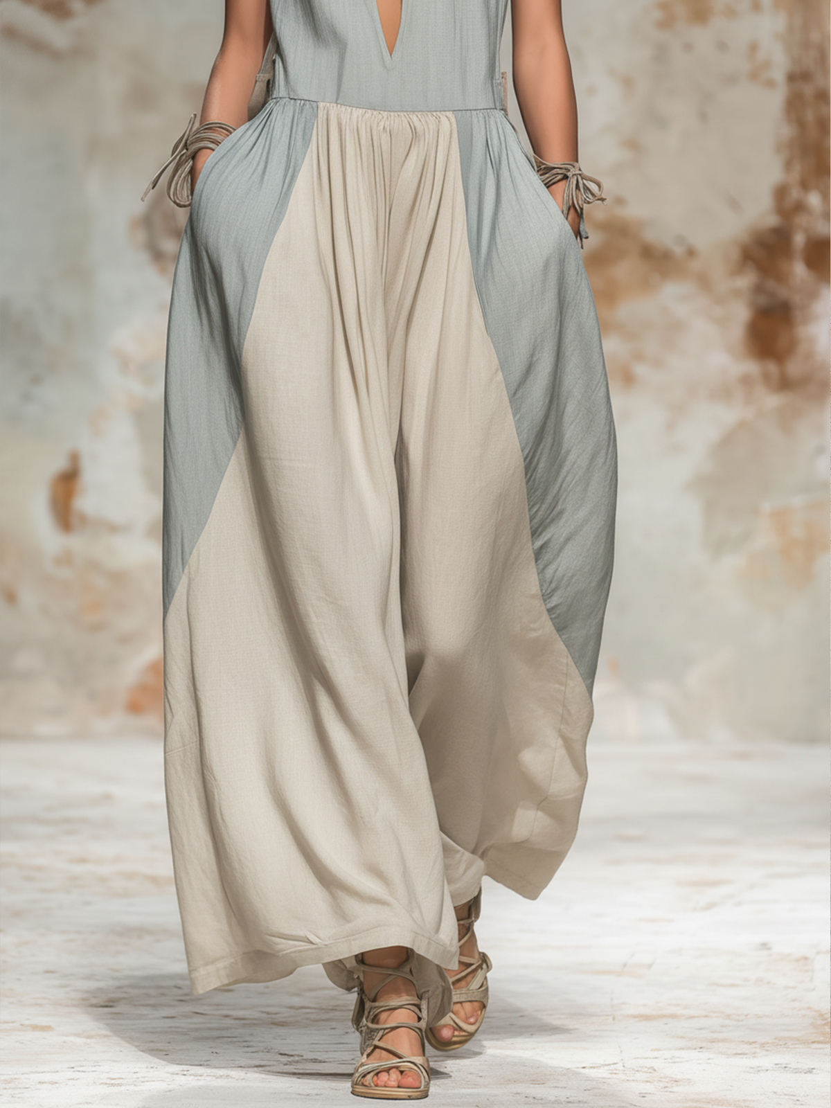 Two-Tone Linen Halter Maxi Dress with Cutout Detail