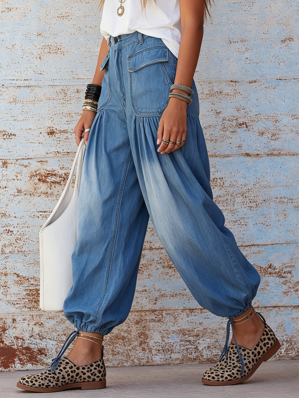 High-Waisted Gradient Denim Harem Pants with Drawstring Cuffs