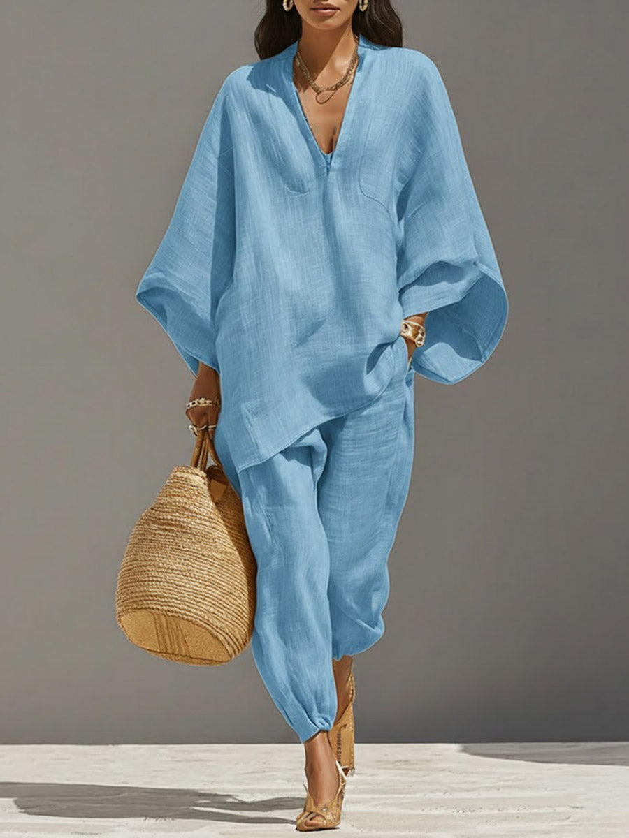 Solid Color V-Neck Long-Sleeve Casual Loose Cotton Linen Top with Elastic Waist and Wide-Leg Pants Set