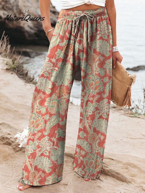 Vintage Lovely Floral Art Printed Cotton and Linen Casual Pants