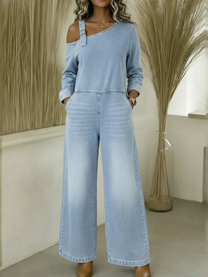 Fashionable Off-the-Shoulder Denim Jumpsuit