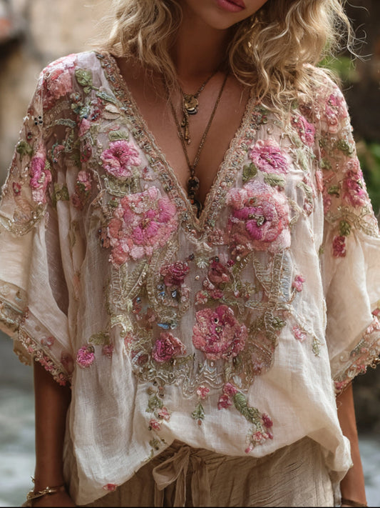 Bohemian Style Romantic Rose Three-Dimensional Embroidery Short-Sleeve V-Neck Vintage Top