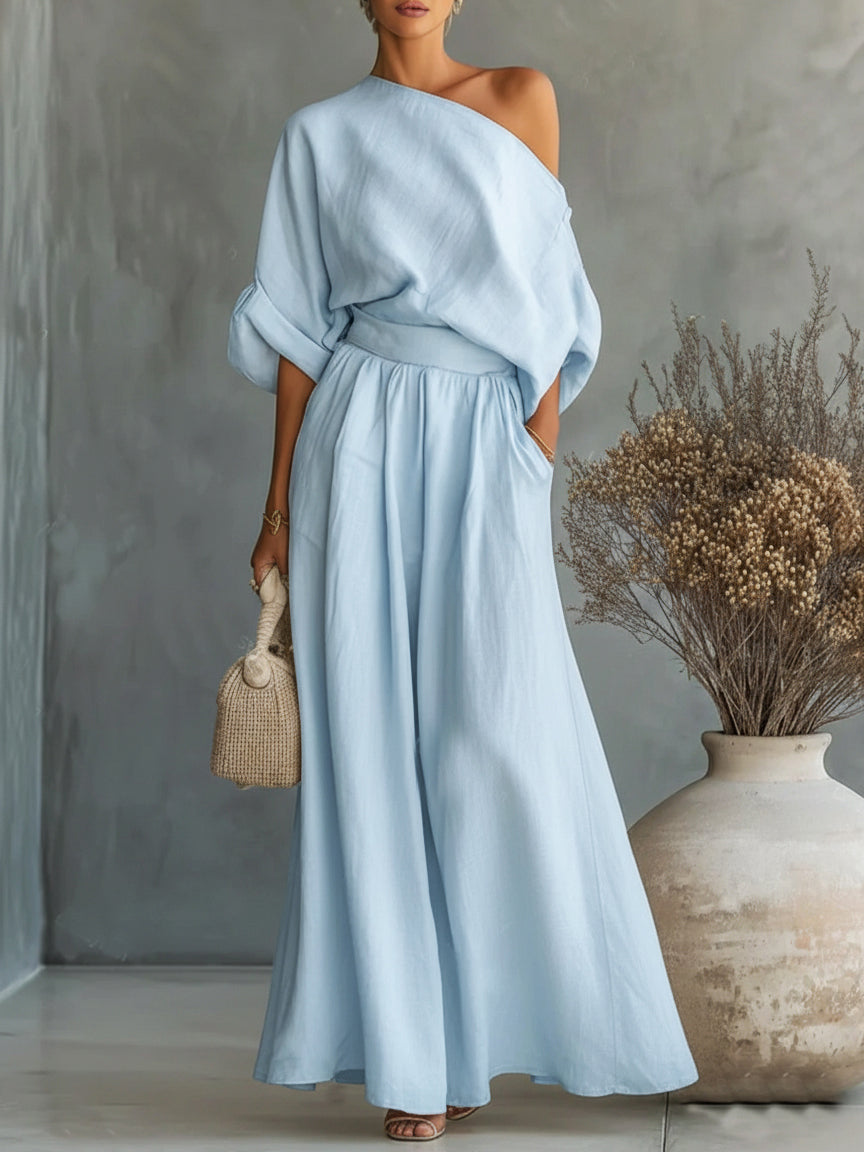 Elegant Off-the-Shoulder Shirt and Wide-Leg Pants Two-Piece Set