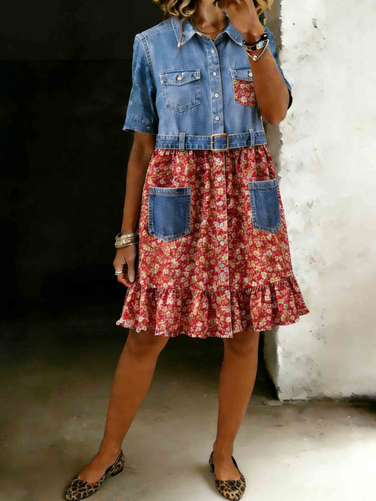 Denim Print Floral Dress Button Closure Pockets