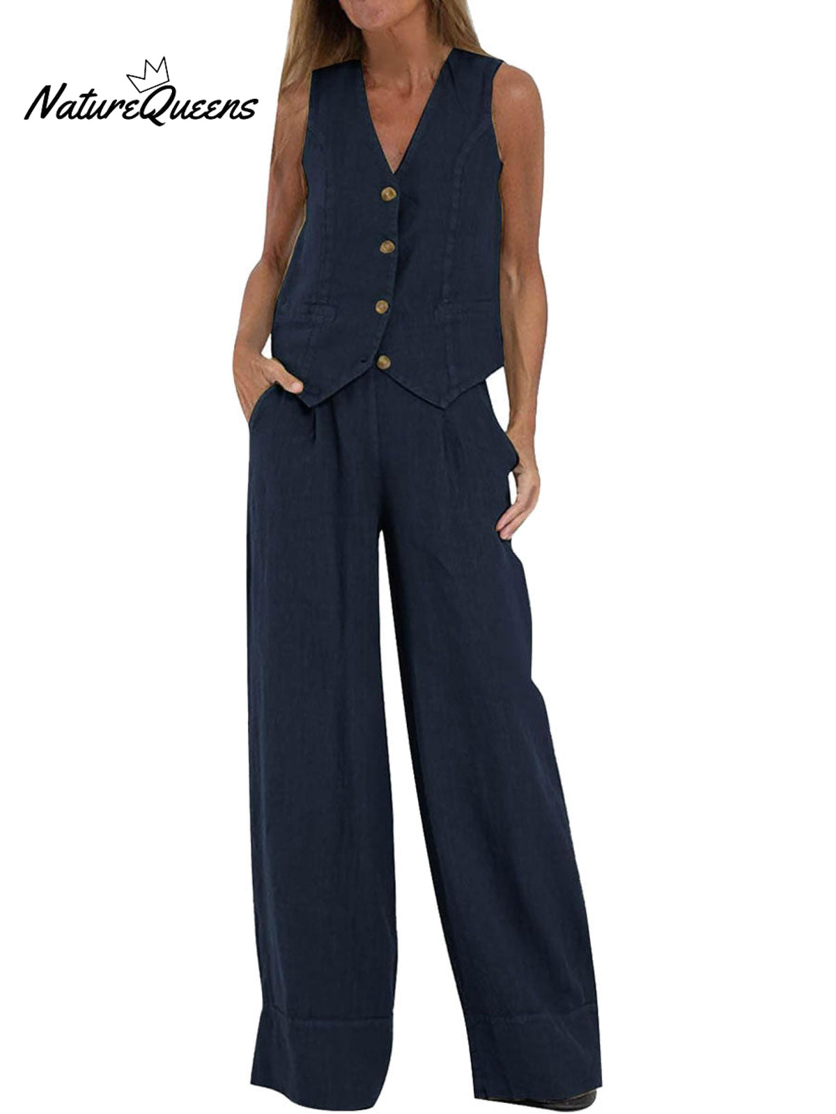 Fashion Solid Color Vest Trousers Collage Stitching Cotton and Linen Casual Suit