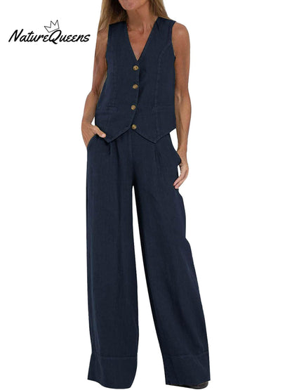 Fashion Solid Color Vest Trousers Collage Stitching Cotton and Linen Casual Suit