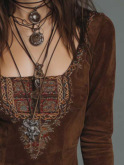 Vintage Brown Suede Mini Dress with Embroidered Detailing