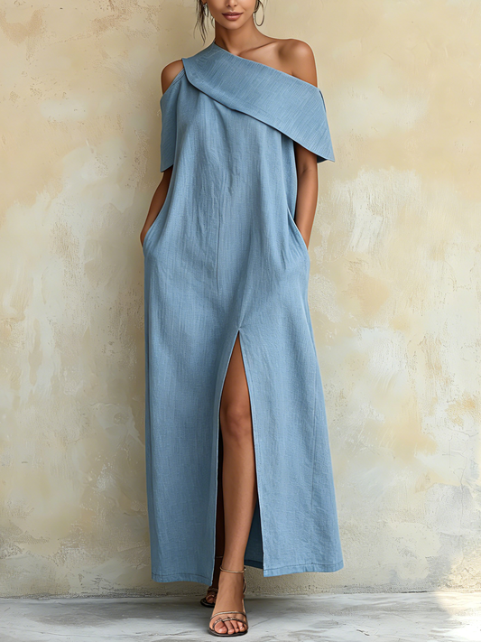 Light Blue Tencel Denim Asymmetrical One-Shoulder Maxi Dress