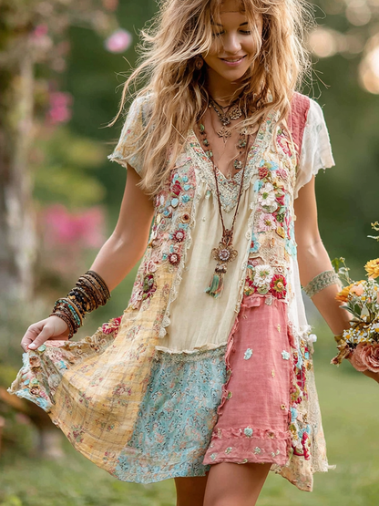 Retro Floral Splicing Cotton and Linen Short Dress