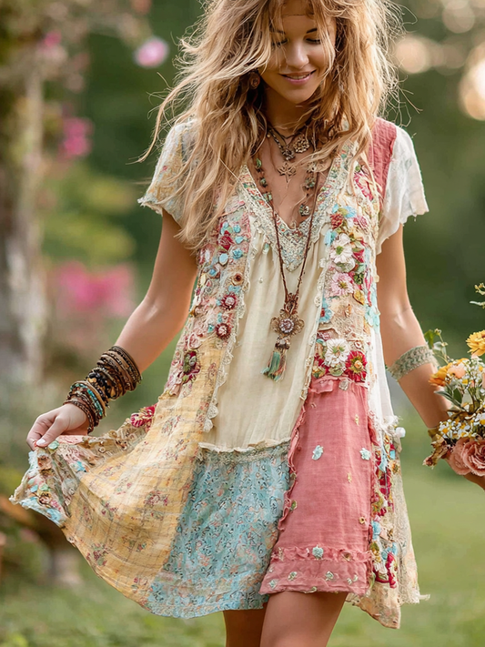 Retro Floral Splicing Cotton and Linen Short Dress