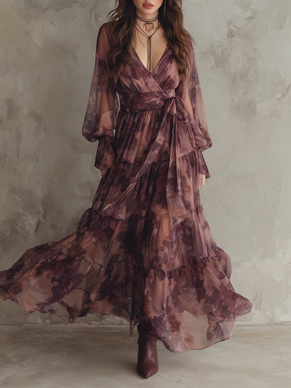 Romantic Holiday Printed Chiffon Ruffle Hem Maxi Dress