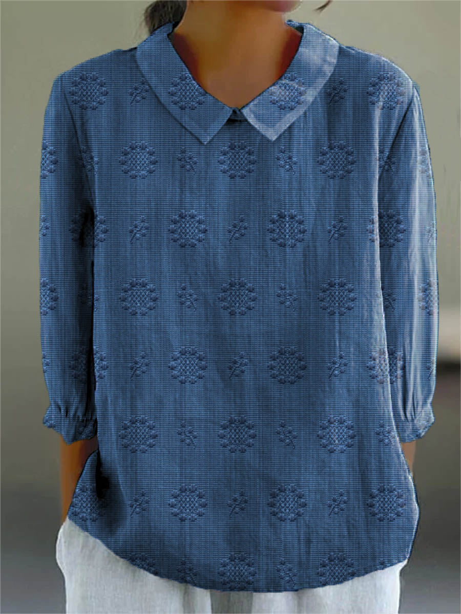 Vintage Floral Art Print Casual Cotton and Linen 3/4-Sleeve Shirt