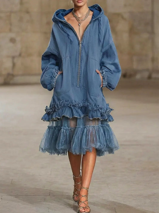 Retro Hooded Zip Ruffled Denim Organza Patchwork Art Casual Maxi Dress