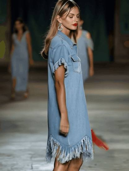 Casual Loose Vintage Denim Short-Sleeve Shirt Tassel Mini Dress