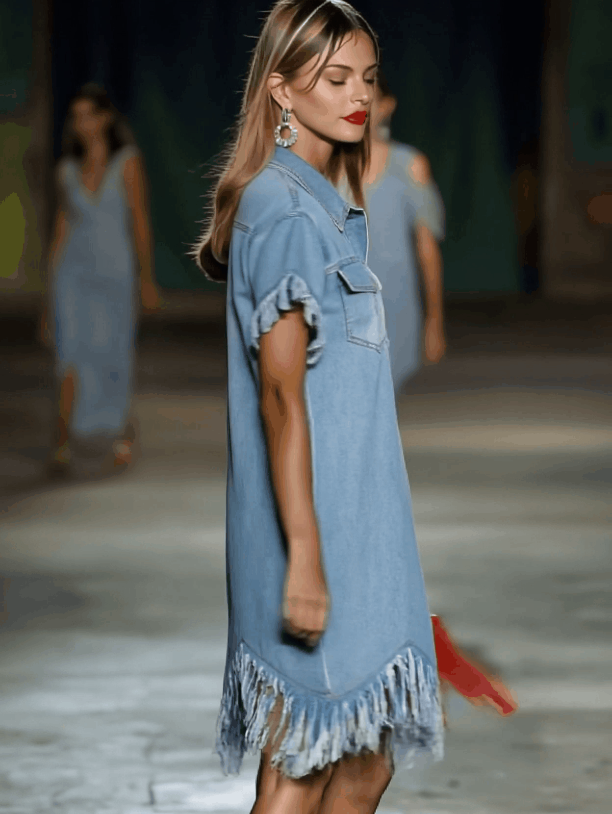 Casual Loose Vintage Denim Short-Sleeve Shirt Tassel Mini Dress