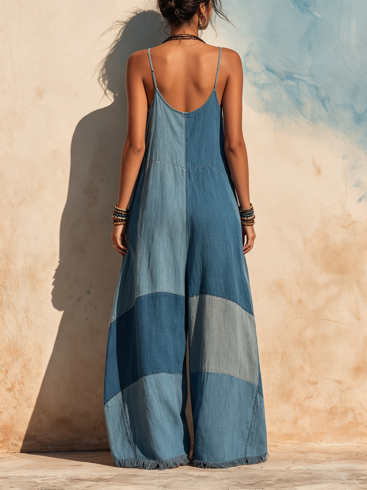 Patchwork Tencel Denim Cami Jumpsuit with Fringe Hem