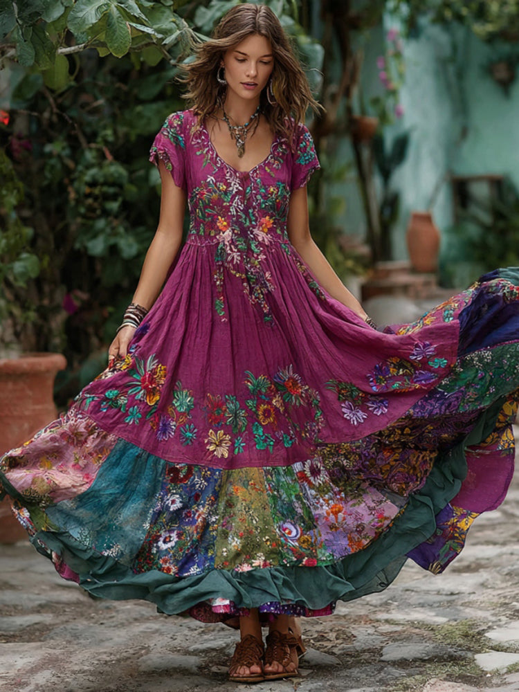 Retro Flower Embroidery Patchwork Art Short-Sleeve Maxi Dress