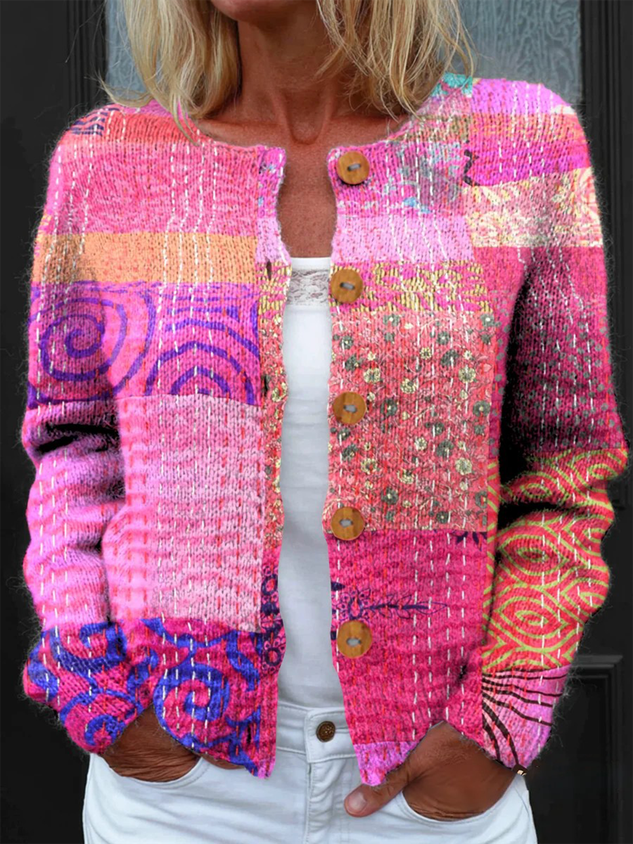 Women Knitted Geometric Long-Sleeve Comfy Vintage Cardigan