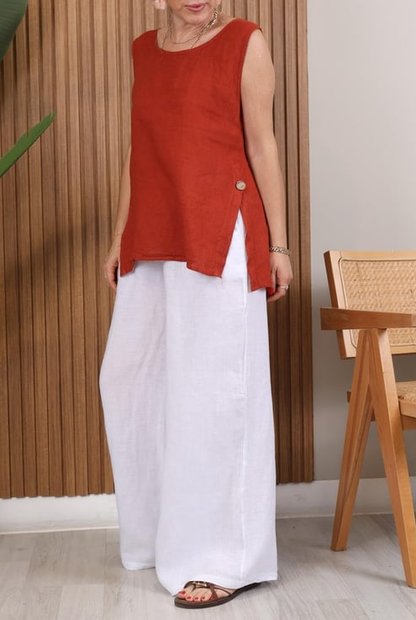 Button-Down Slit Linen Top