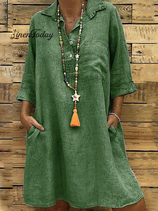 Plus Size 3/4-Sleeve Shirt Collar Casual Dress