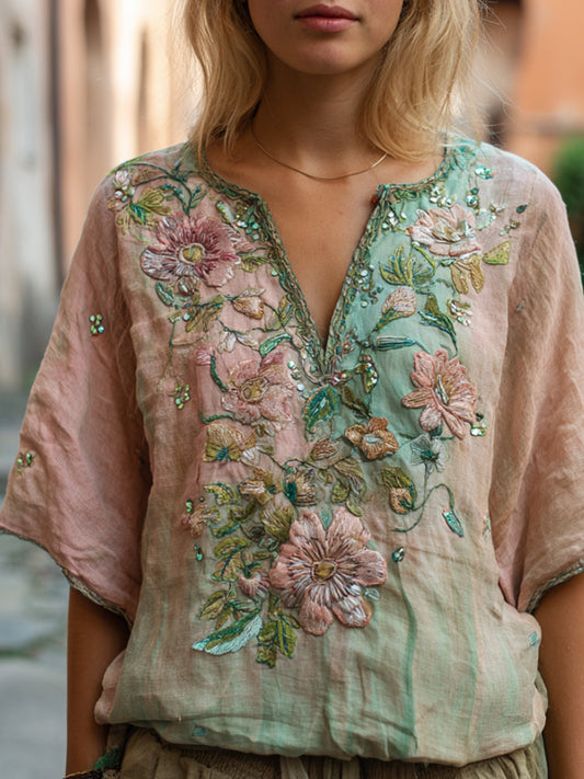Bohemian Style Pink Flower Sequin Embroidery Vintage Pink-Green V-Neck Short-Sleeve Shirt