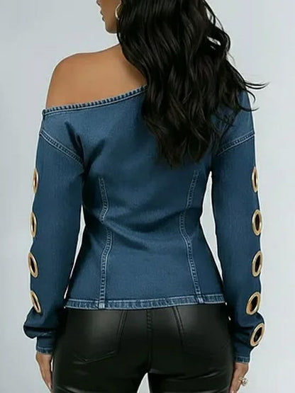 Off-Shoulder Long-Sleeve Loose Fit Denim Blouse