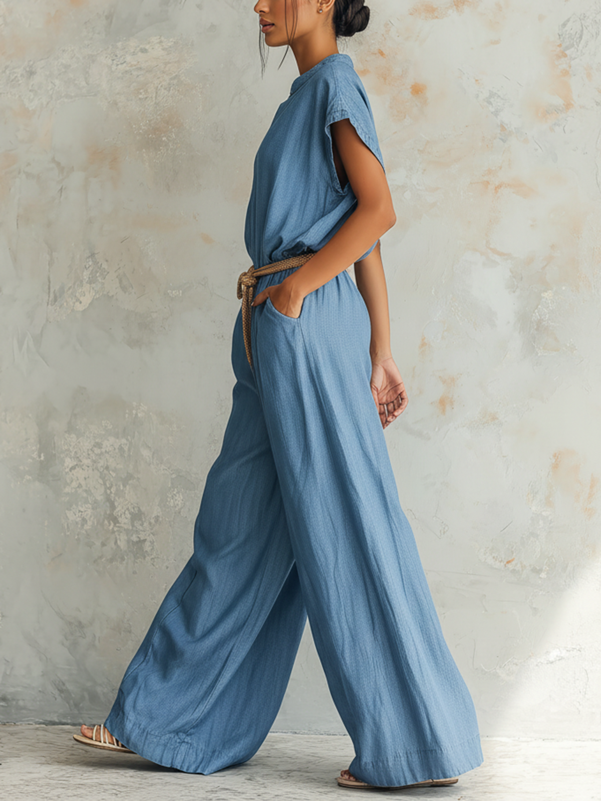Light Blue Denim Short-Sleeve Wide-Leg Jumpsuit