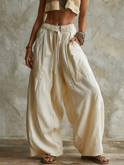 Beige High Waist Drawstring Wide-Leg Baggy Pants