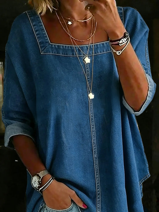 Fashion Casual Long-Sleeved Square Neck Denim Top