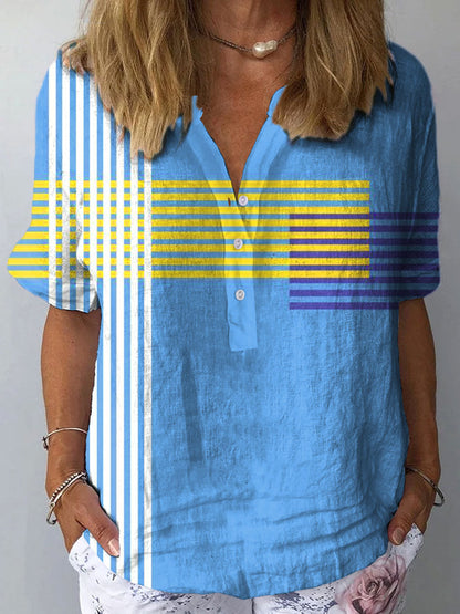 Colorful Abstract Geometric Stripes Art Print Casual Cotton and Linen 3/4-Sleeve Shirt