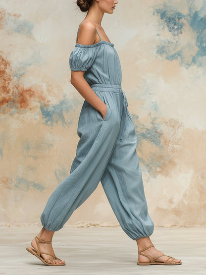 Off-The-Shoulder Puff Sleeve Balloon Leg Jumpsuit with Drawstring Waist