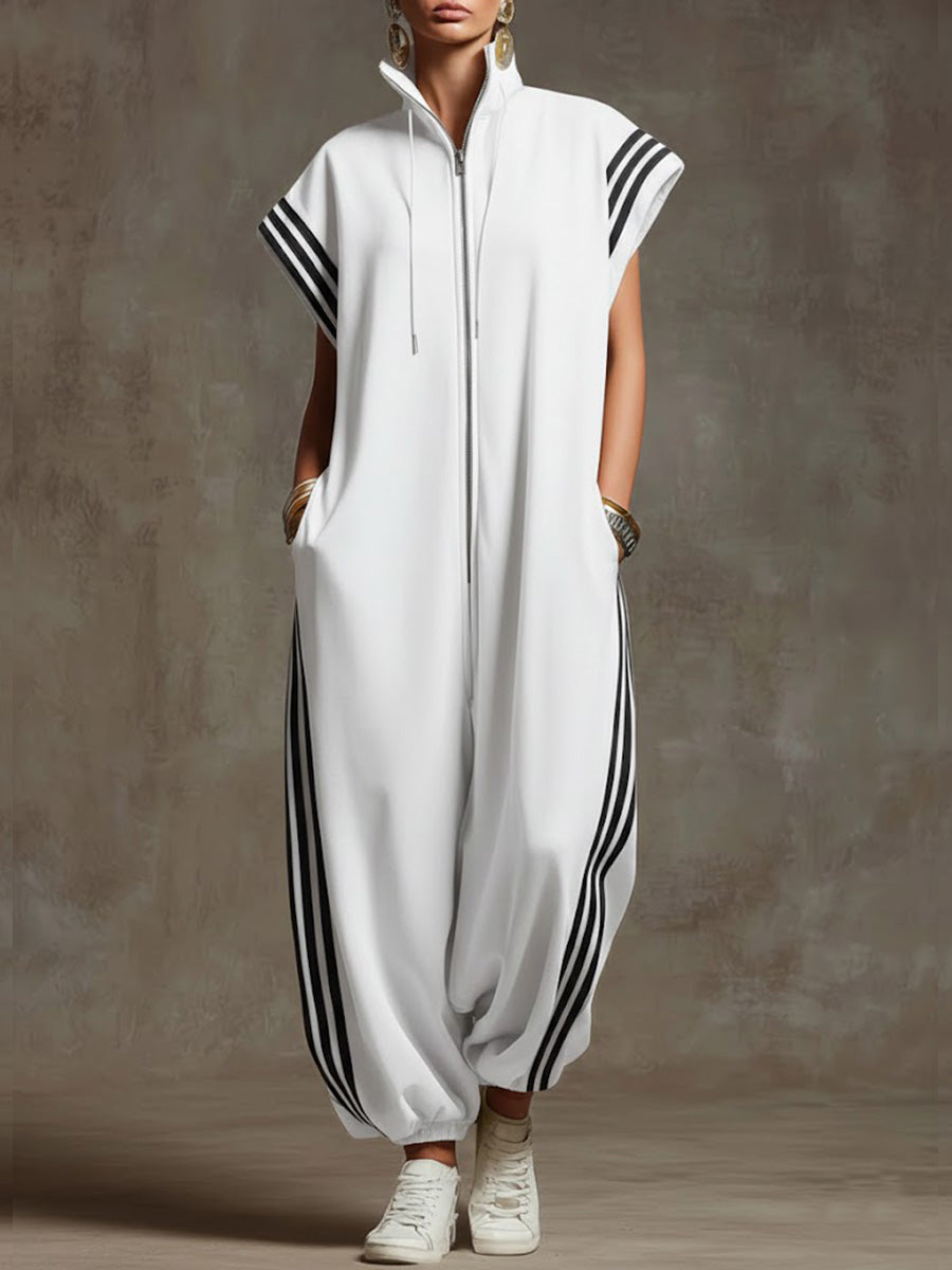 Relaxed Stand-Collar Short-Sleeved Casual Loose Cotton Wide-Leg Jumpsuit