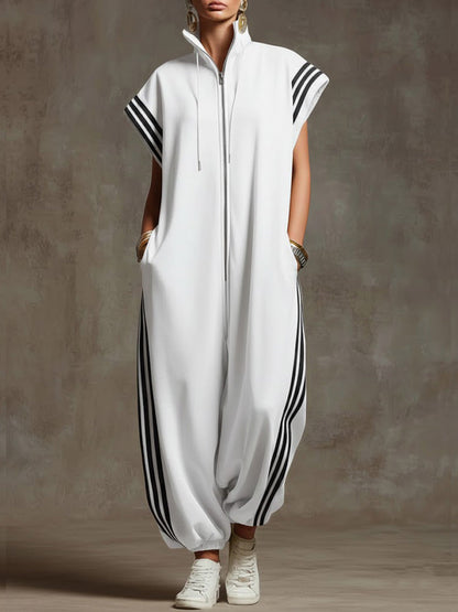 Relaxed Stand-Collar Short-Sleeved Casual Loose Cotton Wide-Leg Jumpsuit