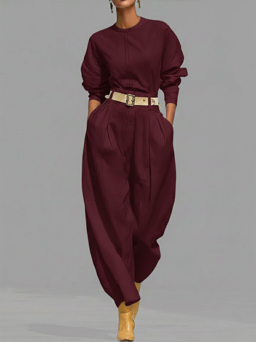 Casual Linen and Cotton Crew-Neck Shirt and High-Waisted Tapered Trousers Two-Piece Set