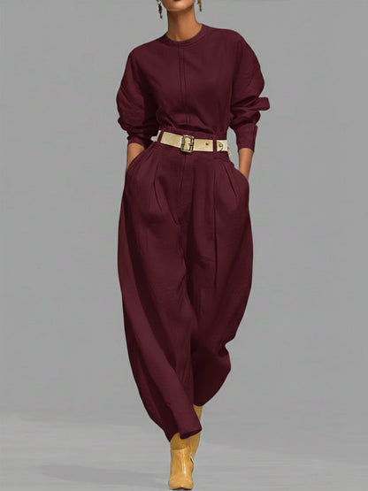 Casual Linen and Cotton Crew-Neck Shirt and High-Waisted Tapered Trousers Two-Piece Set