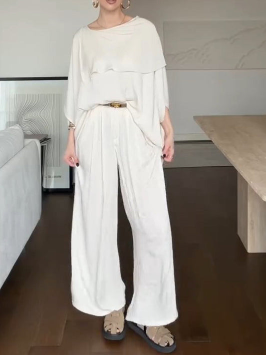 Solid-Color Round-Neck 3/4-Sleeve Loose Casual Top and High-Waisted Wide-Leg Pants Set