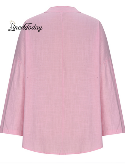 Cotton Long-Sleeve Round Neck Solid Color Loose Beach Shirt