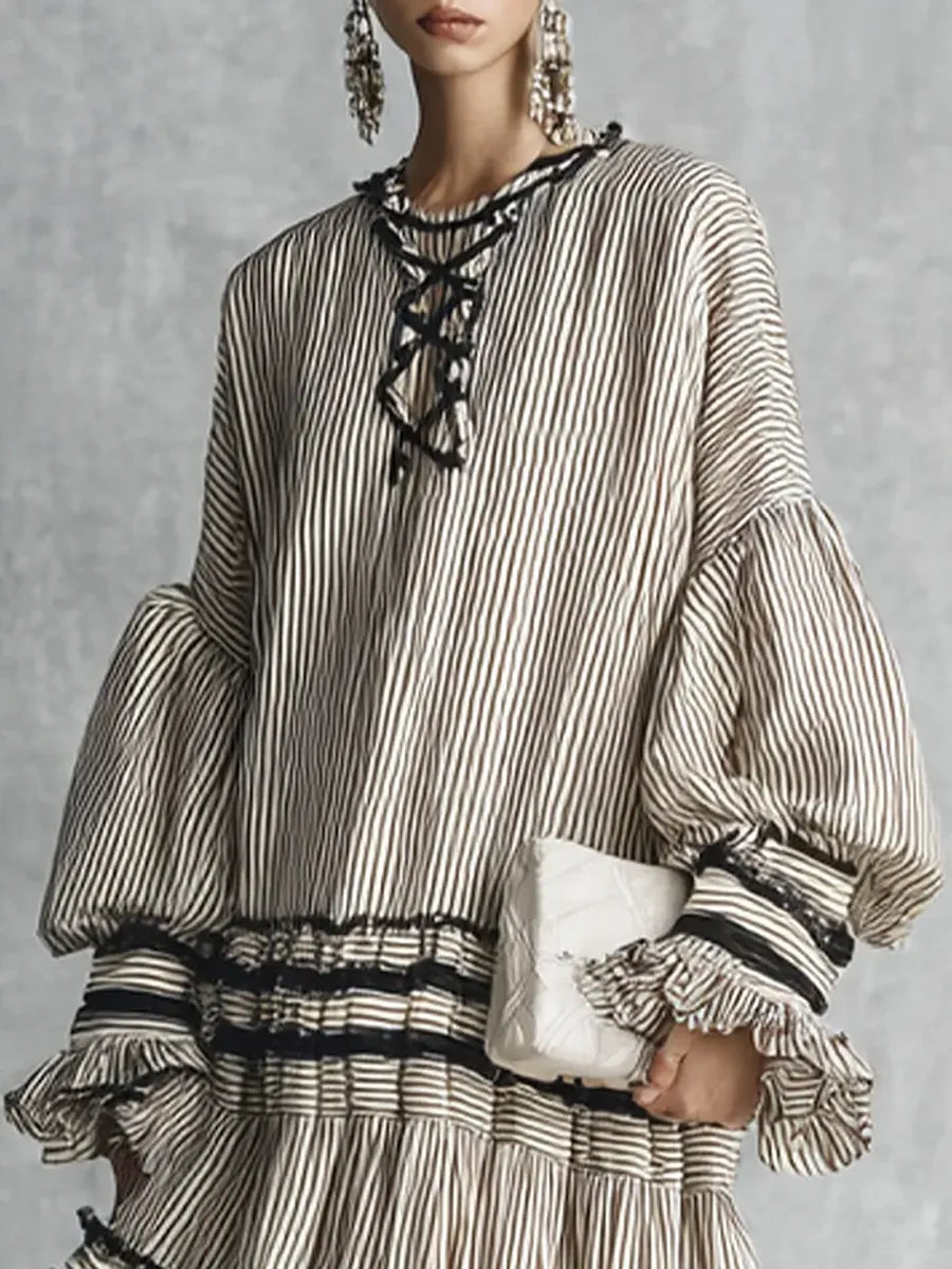 Casual Stylish Vacation Art Striped Ruffled Cotton Maxi Dress