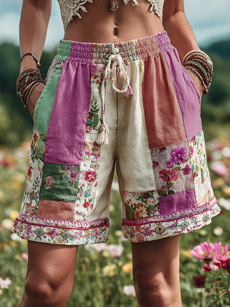 Patchwork Floral Contrast Waist Drawstring Pocket Shorts