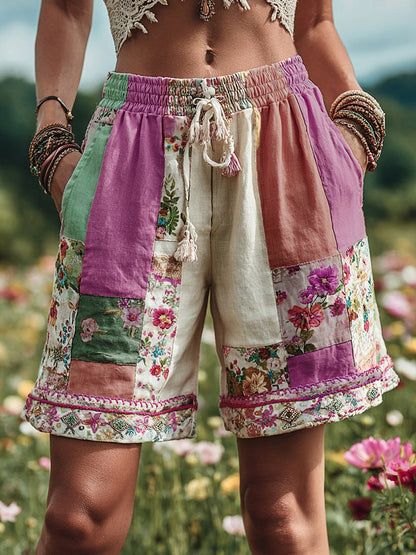 Patchwork Floral Contrast Waist Drawstring Pocket Shorts