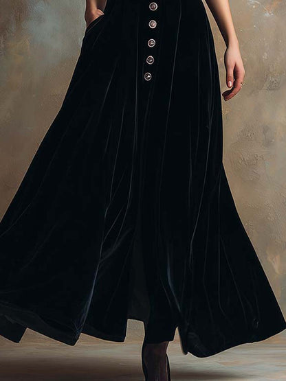 Black Velvet Button-Front Maxi Dress